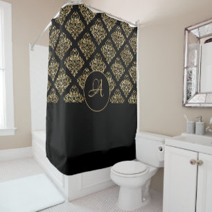 Cortina Para Box Monograma Dourado Damasco em Preto