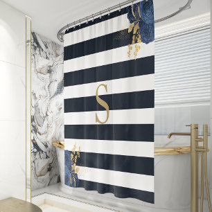 Cortina Para Box Monograma Dourado Floral de marinho Azul Stripe