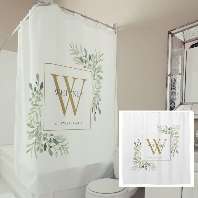Cortina Para Box Monograma Dourado Personalizado Moleridade Verde (Personalized Gold Monogram Watercolor Greenery Shower Curtain)