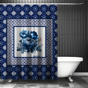 Cortina Para Box Monograma elegante de flores azuis, de galinha
