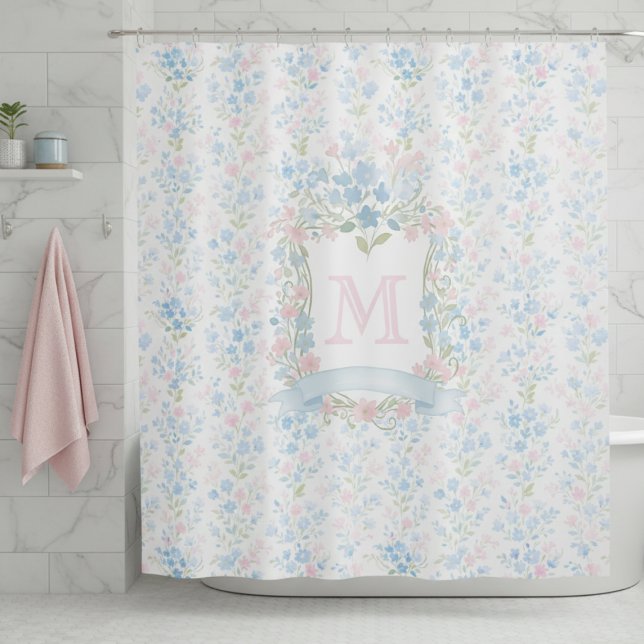 Cortina Para Box Monograma Floral Elegante (elegant vintage grandmillennial pastel pink and blue flowers shower curtain with custom initial)