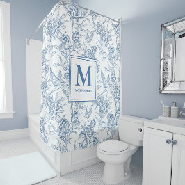 Cortina Para Box Monograma Francês em Azul Vintage Floral Toile de 
