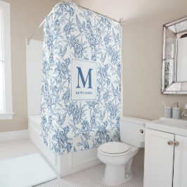 Cortina Para Box Monograma Francês em Azul Vintage Floral Toile de 