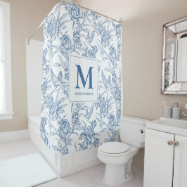 Cortina Para Box Monograma Francês Toile de Jouy Floral Vintage Azu