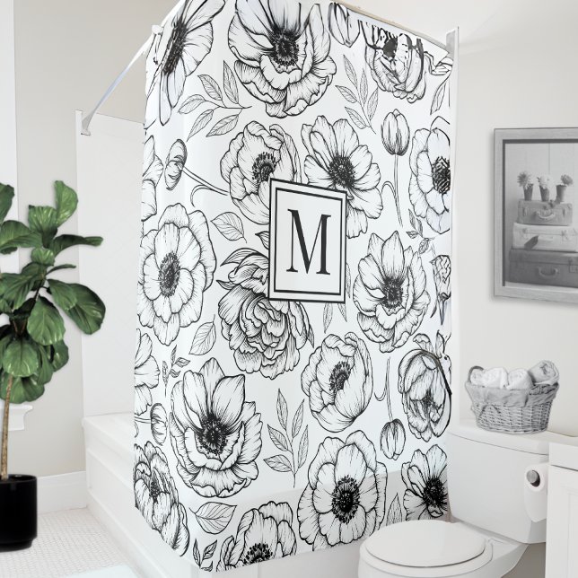 Cortina Para Box Monograma Inicial Floral Branco Preto (Black White Floral Initial Monogram Shower Curtain)