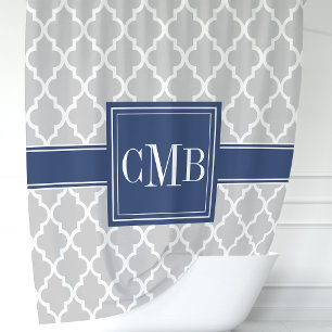Cortina Para Box Monograma Marroquino Cinza e Azul-Navy