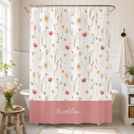 Cortina Para Box Monograma Nome Flor Silvestre Aquarela Rosa Desbot