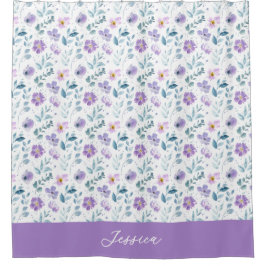 Cortina Para Box Monograma Nome Flor Silvestre Aquarela Roxo Verde