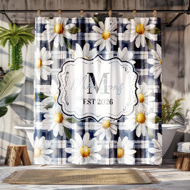 Cortina Para Box Monograma Personalizado de Gingham Azul-Marinho e
