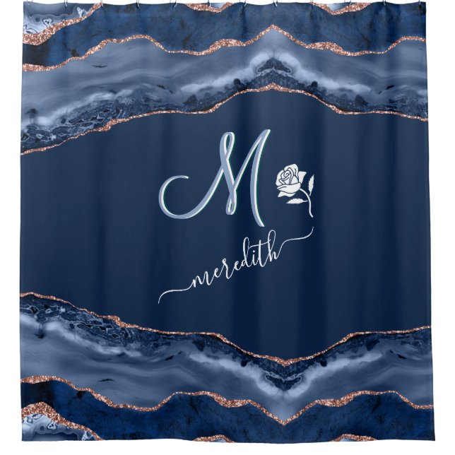 Cortina Para Box Monograma Personalizado Elegante Agato Dourado Azu (Frente)