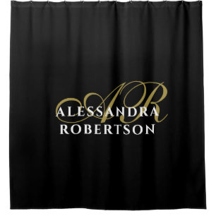 Cortina Para Box Monograma Preto Minimalista Elegante Dourado Nome 