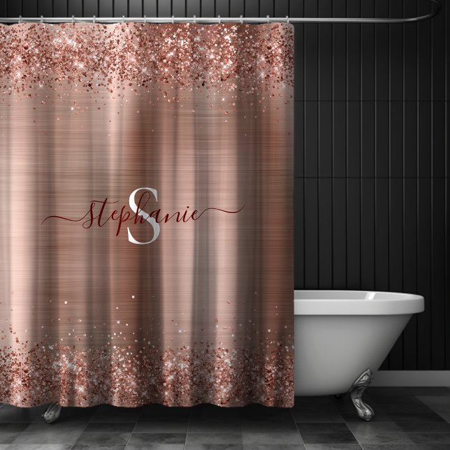 Cortina Para Box Monograma Rosa Dourado Faux-Glitter Girly Glam (Monogram Rose Gold Glitter Girly Glam Shower Curtain)