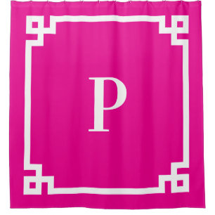 Cortina Para Box Monograma Simples Chave Grega Rosa Quente e Branco