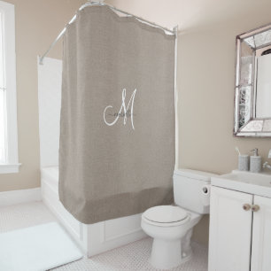 Cortina Para Box Monograma Taupe White Script Faux Linen