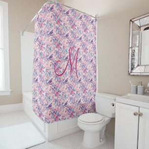 Cortina Para Box Monograma Toile Chinoiserie Floral de Pássaros Ros