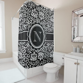 Cortina Para Box Monograma Tudor Garden Damask Elegante Preto
