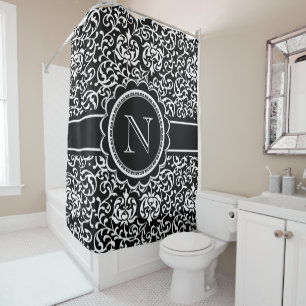 Cortina Para Box Monograma Tudor Garden Damask Elegante Preto