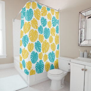 Cortina Para Box Monstera deixa em turquesa, amarelo e branco