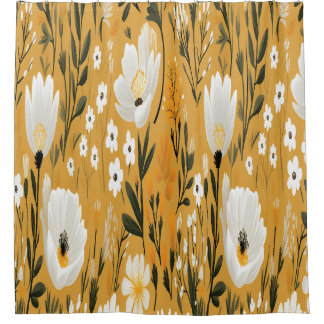 Cortina Para Box Mostarda Amarela e Floral Botânico Branco
