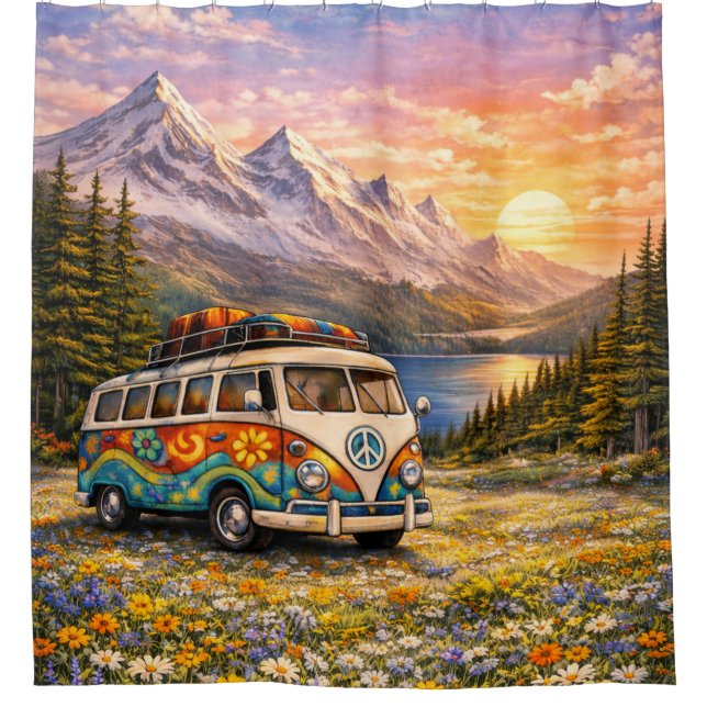 Cortina Para Box Mountain Sunset Wildflowers Retro Hippie Van Life (Frente)