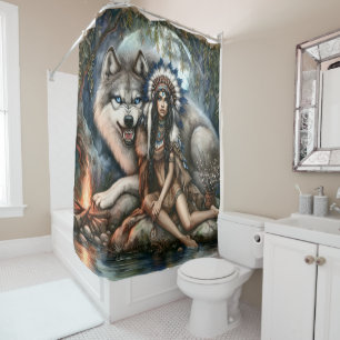 Cortina Para Box Mulher e lobo indianos na floresta