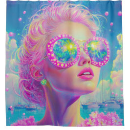 Cortina Para Box Mulher Neon Glamorosa com Óculos Espumantes