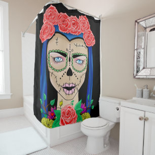 Cortina Para Box Mulher Zombie Halloween, coroa rosa cinco de mayo