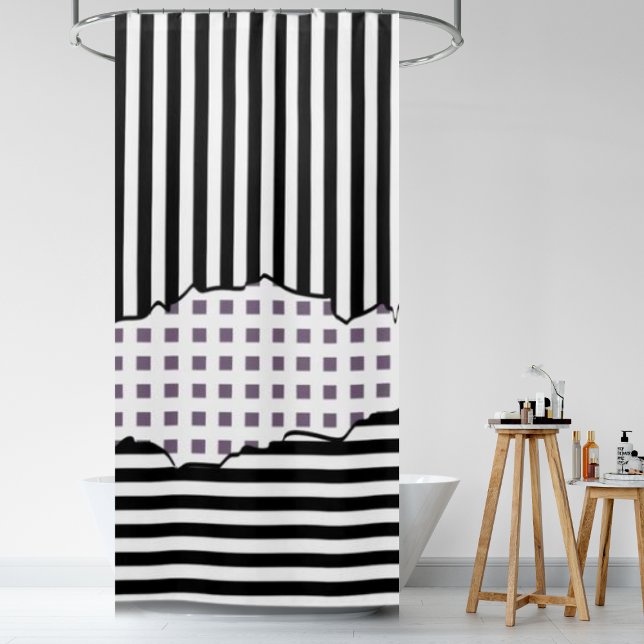 Cortina Para Box Na moda Azulejos  Pretos Púrpura Brancos (Stylish Stripes, Net Black, White, Purple Layered Shower Curtain)