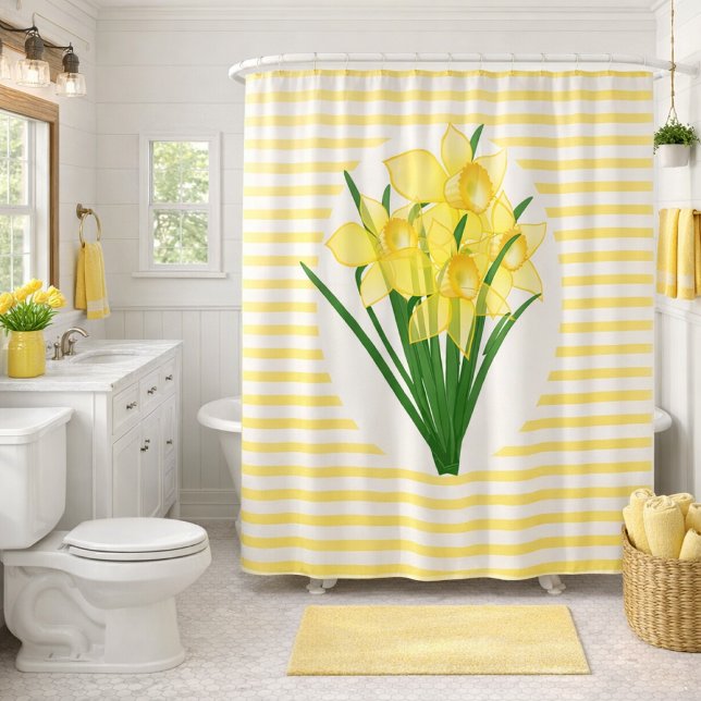 Cortina Para Box Narcisos Amarelos Flor Estilo Primavera (Bright daffodils bloom in a striped shower curtain, adding cheerful charm to this farmhouse bathroom)