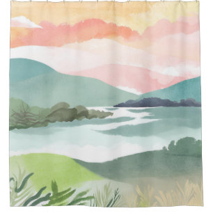Cortina Para Box Nascer do Sol na Manhã do Lago   Aquarela Natureza