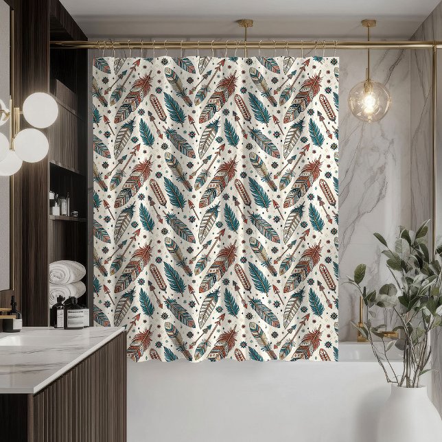 Cortina Para Box Native Feather Curtain Earthy Tribal Bathroom Look (Native Feather Curtain Earthy Tribal Bathroom Look)
