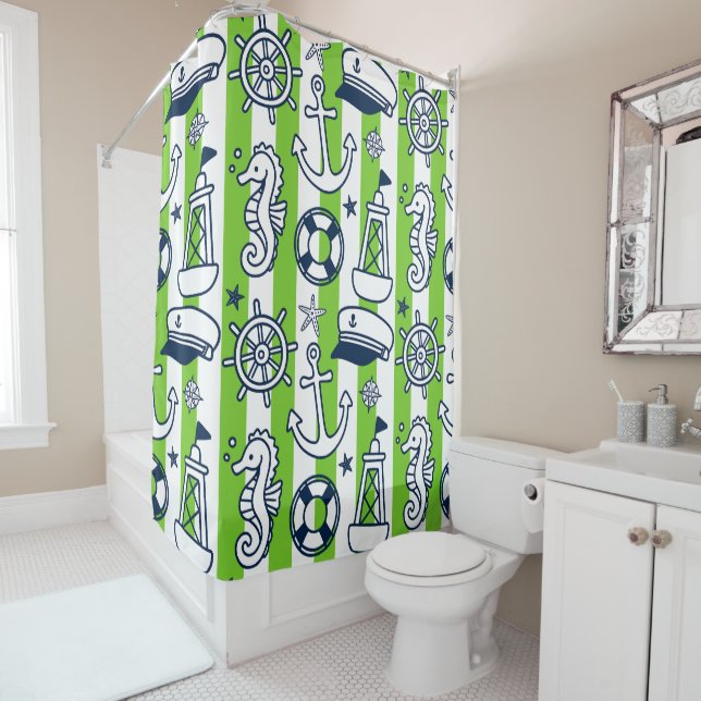 Cortina Para Box Nautical Doodles – Lime & Navy Coastal Stripe (In Situ)