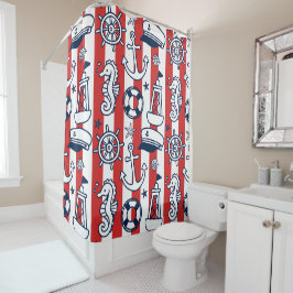Cortina Para Box Nautical Doodles – Listra Costeira Vermelha e Azul