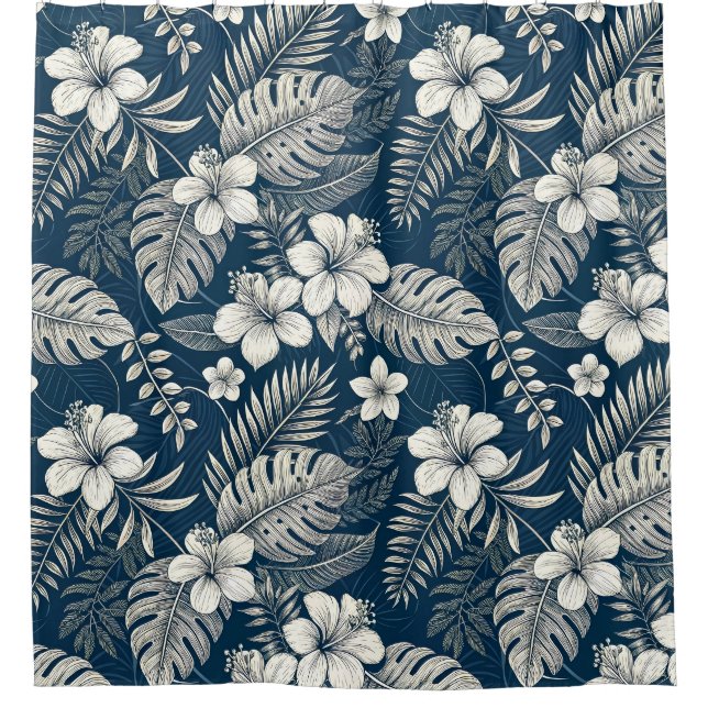 Cortina Para Box Navy Blue Hibiscus Monstera Tropical Botanical (Frente)