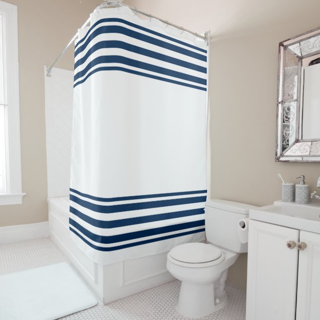 Cortina Para Box Navy Blue White Stripes Shower Curtain Nautical (In Situ)