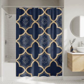 Cortina Para Box Navy & Gold Moroccan Quatrefoil Geometric Pattern