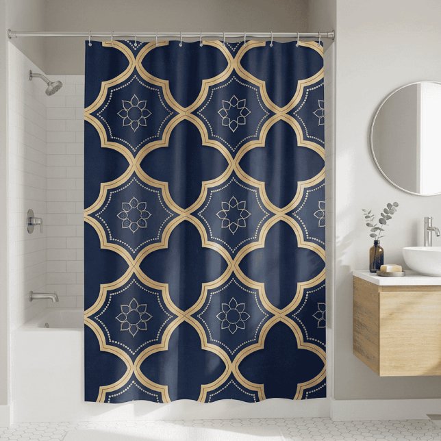 Cortina Para Box Navy & Gold Moroccan Quatrefoil Geometric Pattern (navy and gold moroccan tile shower curtain)