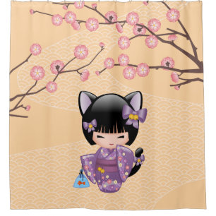 Cortina Para Box Neko Kokeshi Doll Cat Orelha Garota Geisha Amarelo