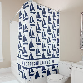 Cortina Para Box Nome da Família Casa de Lago com Velero Azul Marin