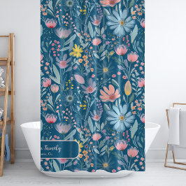 Cortina Para Box Nome da família floral de aquarela, azul personali