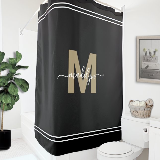 Cortina Para Box Nome do Script Dourado Monograma Preto-Elegante (Elegant Feminine Black Gold Monogram Script Name Shower Curtain )