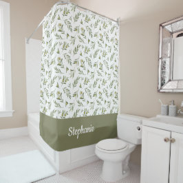 Cortina Para Box Nome Monograma Azeite em Aquarela Verde Sage