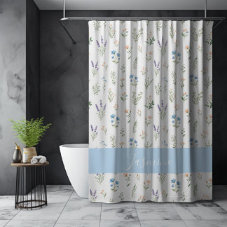 Cortina Para Box Nome Monograma Flor Silvestre Boho Azul Lavanda