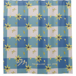 Cortina Para Box Nome monograma gingham azul rústico floral