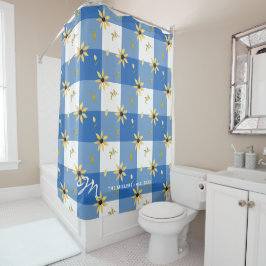 Cortina Para Box Nome monograma gingham azul rústico floral