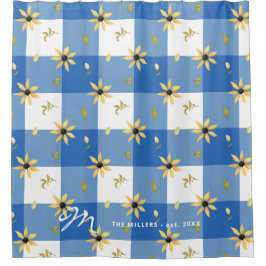 Cortina Para Box Nome monograma gingham azul rústico floral