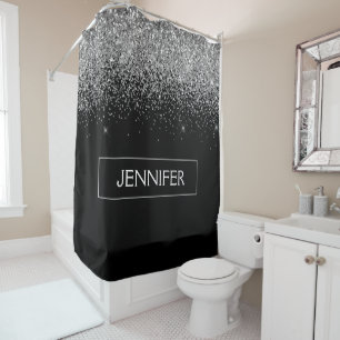 Cortina Para Box Nome Monograma Glitter Preto Prata Feminino