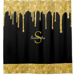 Cortina Para Box Nome Monograma Preto com Brilho Dourado Chic