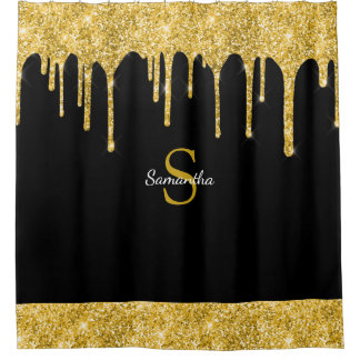 Cortina Para Box Nome Monograma Preto com Brilho Dourado Chic