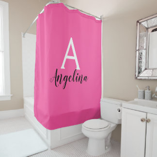Cortina Para Box Nome Monograma Rosa Quente Branco e Preto Feminino